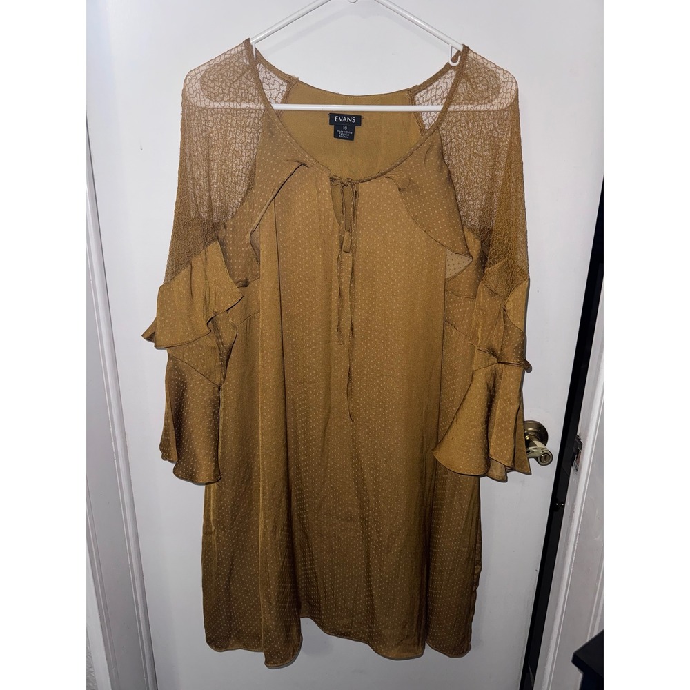 Evans Mustard Yellow Lace Shoulder Ruffle Bell Sleeve Swiss Dot Shift Dress 16